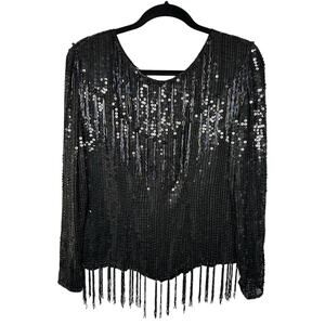 Vintage Swee Lo Black Sequins Beaded Fringe 100% Silk Blouse Women's Medium